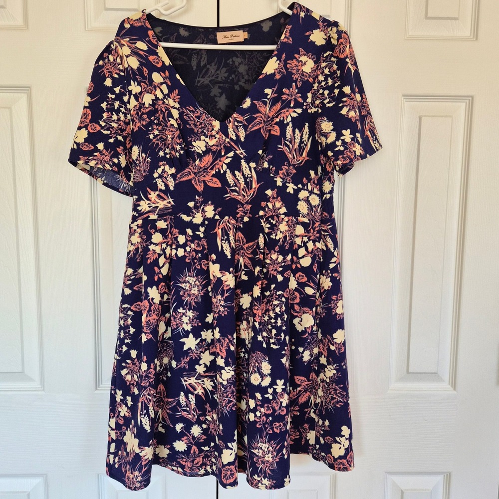 Miss‎ Patina London Floral V-Neck Mini Dress Navy Blue Pink Short Sleeve L Retro